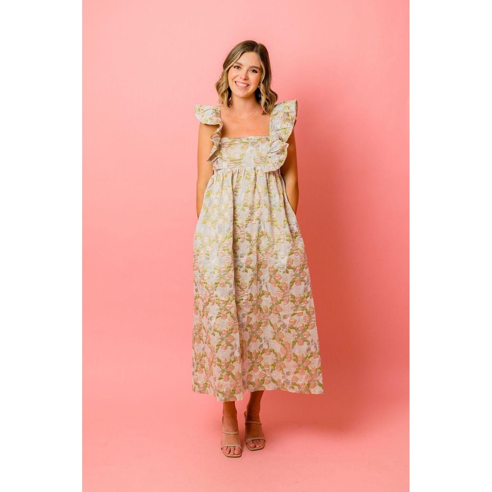 Aureum Floral Jacquard Maxi Dress Sz M NWT Ruffle Sleeve Square Neck Cottagecore